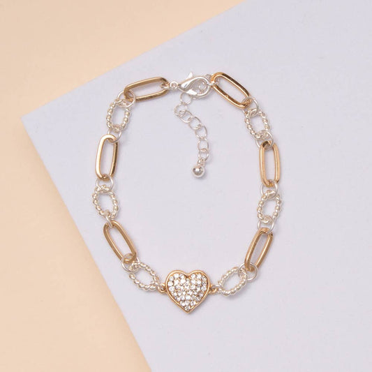 Tailored Pave Chain Heart Bracelet : Silver Gold