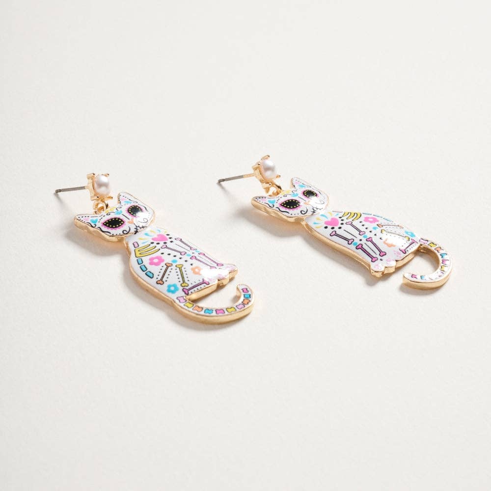 Day of the Dead Cat Earrings for Halloween Jewelry: Jet Black