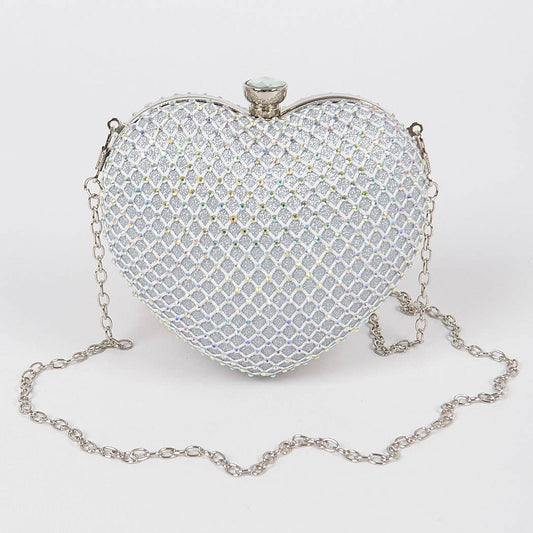 Heart Rhinestone Clutch: Silver