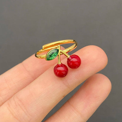 Rhinestone Enamel Cherry 18K Gold Plated S.Steel Ring - Golden / 7
