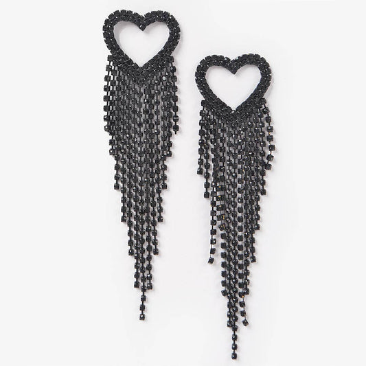Rhinestone Heart Fringe Earring: BK