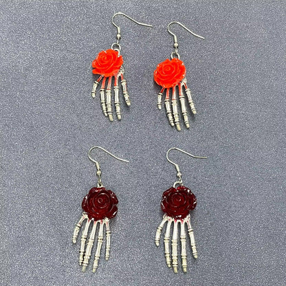 Wine Gothic Rose Skeleton Hand Dangle Earrings
