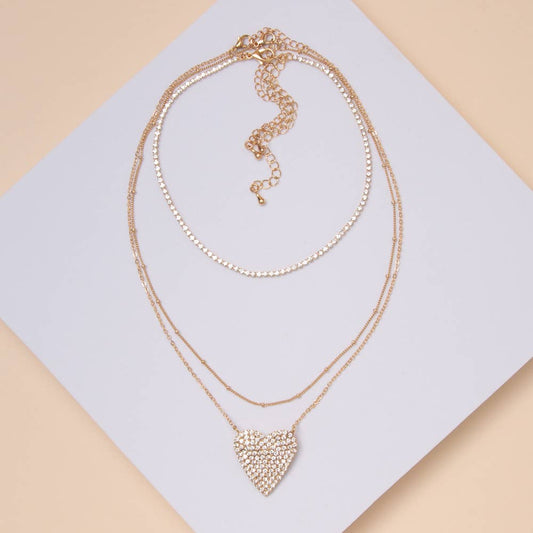 Layered Heart Necklace with Rhinestone Heart Pendant: Gold