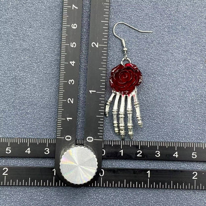Red Gothic Rose Skeleton Hand Dangle Earrings