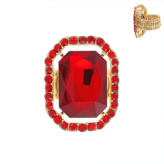 Octagonal Halo Crystal Adjustable Cocktail Ring: Red