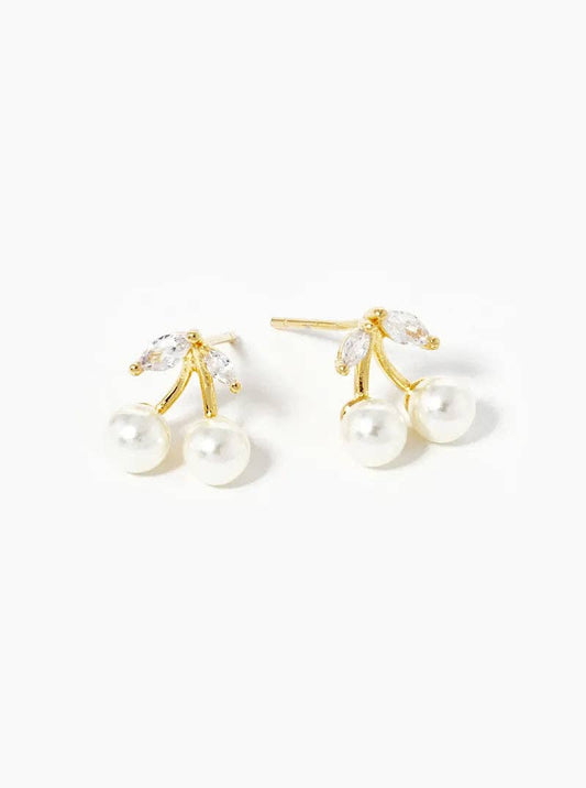 18K Gold Dipped Cz Pearl Dainty Cherry Stud Earrings: Gold