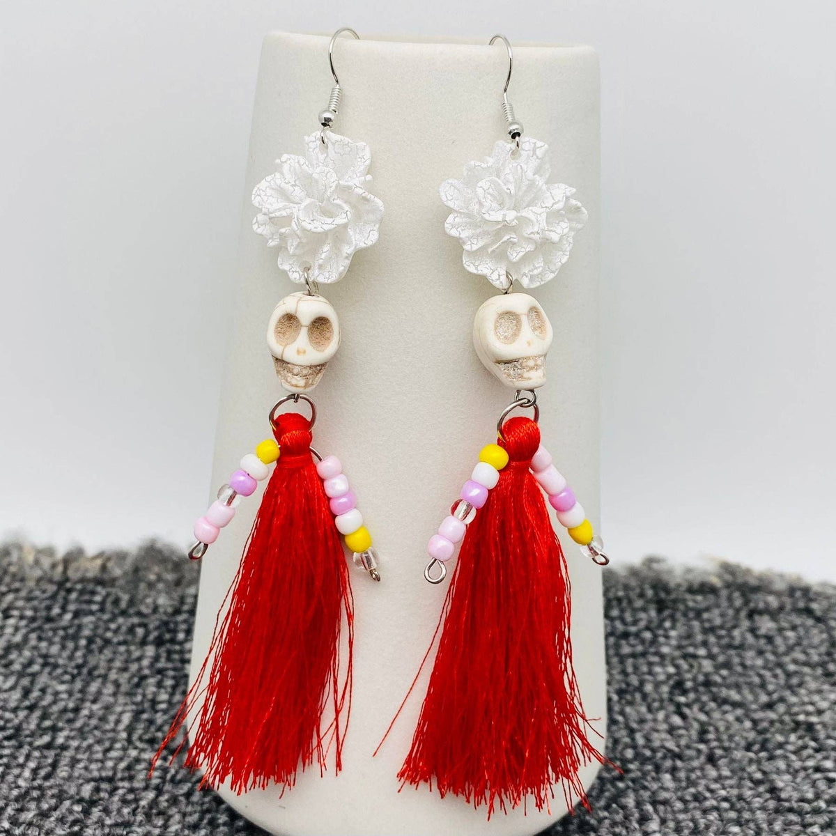 Red Tassel Skull Dangle Earrings