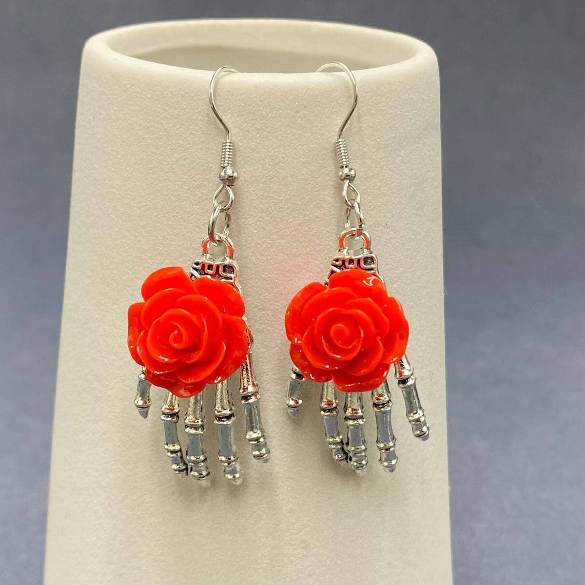 Red Gothic Rose Skeleton Hand Dangle Earrings