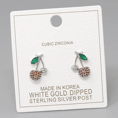 Cherry CZ Pave Stud Earrings: Rhodium Red