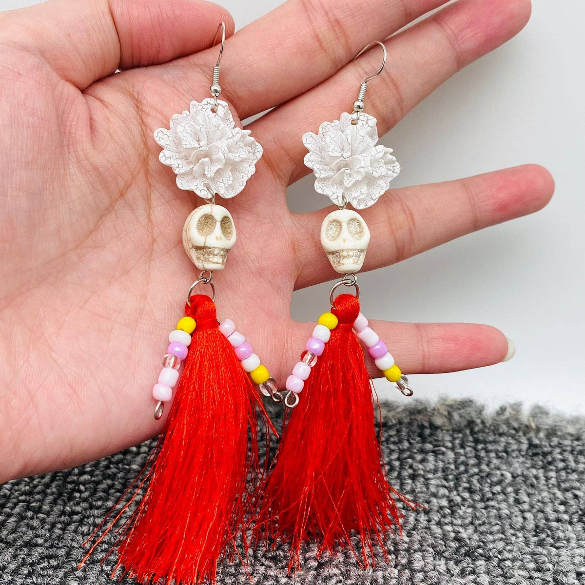 Red Tassel Skull Dangle Earrings