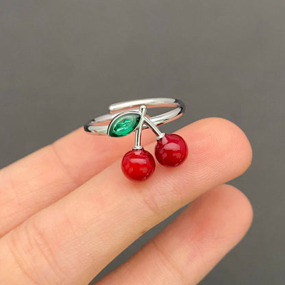 Rhinestone Enamel Cherry 18K Gold Plated S.Steel Ring - FGS: Steel color / 7