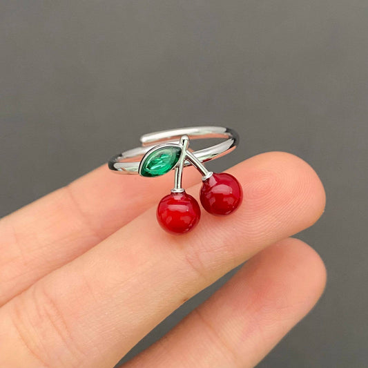 Rhinestone Enamel Cherry 18K Gold Plated S.Steel Ring - FGS: Steel color / 7