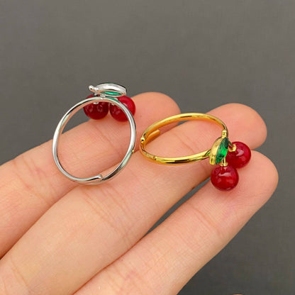 Rhinestone Enamel Cherry 18K Gold Plated S.Steel Ring - Golden / 7