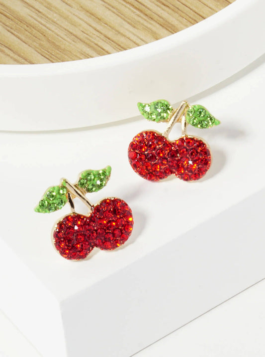 Crystal Pave 12mm Dainty Cherry Stud Earrings: Gold-Light Siam