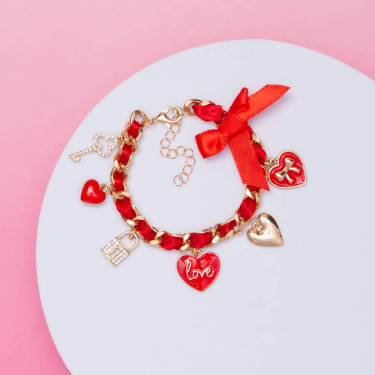 Valentines Day Charm Bracelet with Red Ribbon
