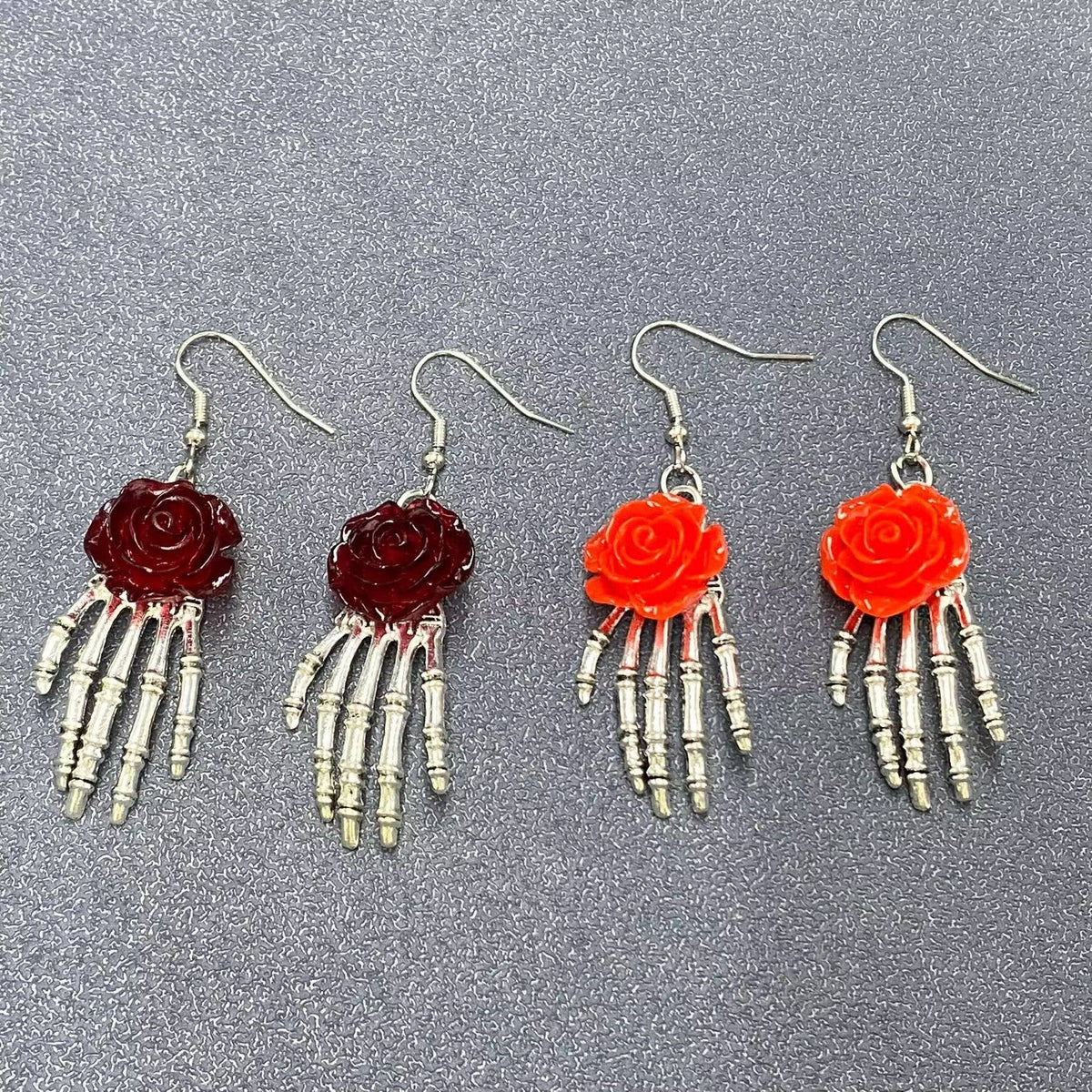 Wine Gothic Rose Skeleton Hand Dangle Earrings