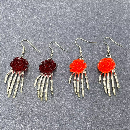 Wine Gothic Rose Skeleton Hand Dangle Earrings