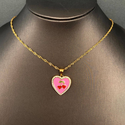 CZ Inlaid Enamel Cherry Heart 18K Golden SS Necklace