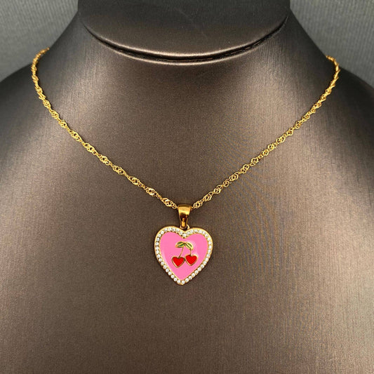 CZ Inlaid Enamel Cherry Heart 18K Golden SS Necklace