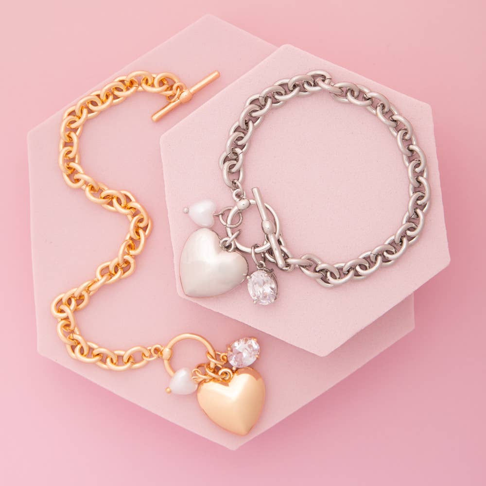 Heart Charm Chain Bracelet with Pearl and Crystal Accents: Silver