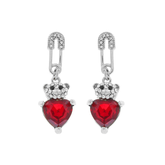 Teddy Bear Heart Safety Pin Drop Earrings: Silver