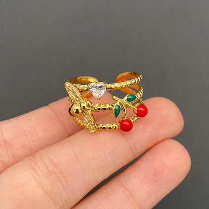 Enamel Bee Cherry 18K Gold Plated Stainless Steel Ring - FGS