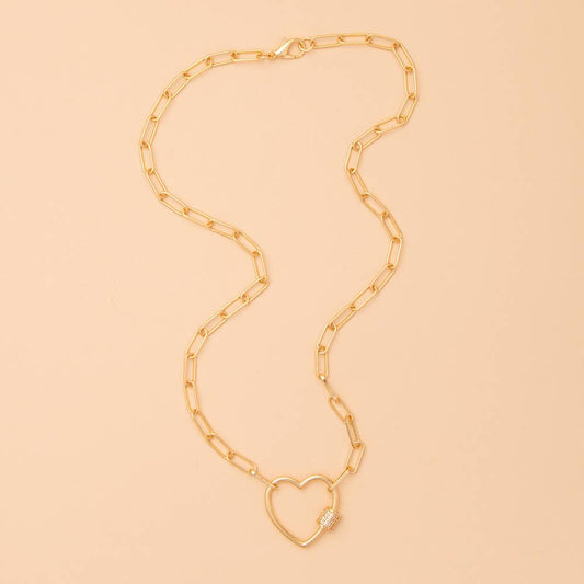 Cubic Zirconia Pave Cutout Heart Padlock Pendant Necklace: Gold