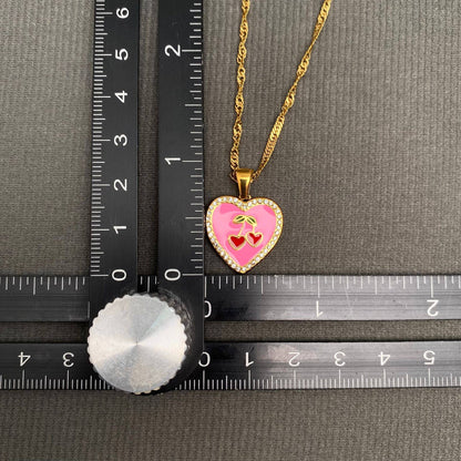 CZ Inlaid Enamel Cherry Heart 18K Golden SS Necklace
